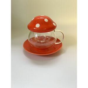 MUSHROOM TEA CUP SET w Strainer Ceramic Lid & Coaster Glass 3 Piece Loose Leaf